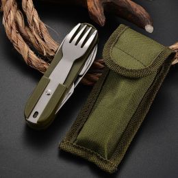 7 In 1 Multifunctional Outdoor Tableware Stainless Steel Foldable Fork Spoon Knife Picnic Camping Hiking Travelling Dinnerware