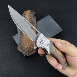 Floral Damascus Steel Cowhide Carved Holster Outdoor (Option: Knife)